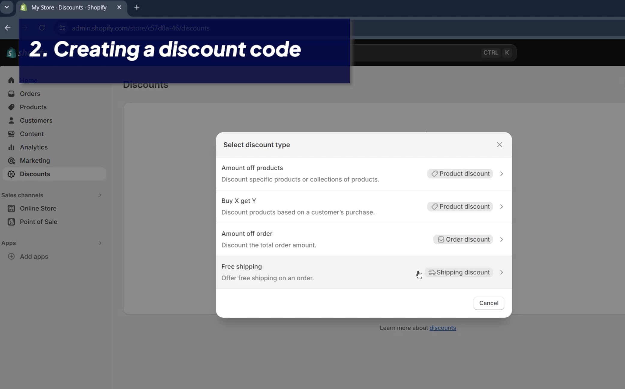 A visual guide on selecting the discount type when creating a new discount code in Shopify. Choose from options like percentage off, free shipping, or buy X get Y to customize your discount offers.